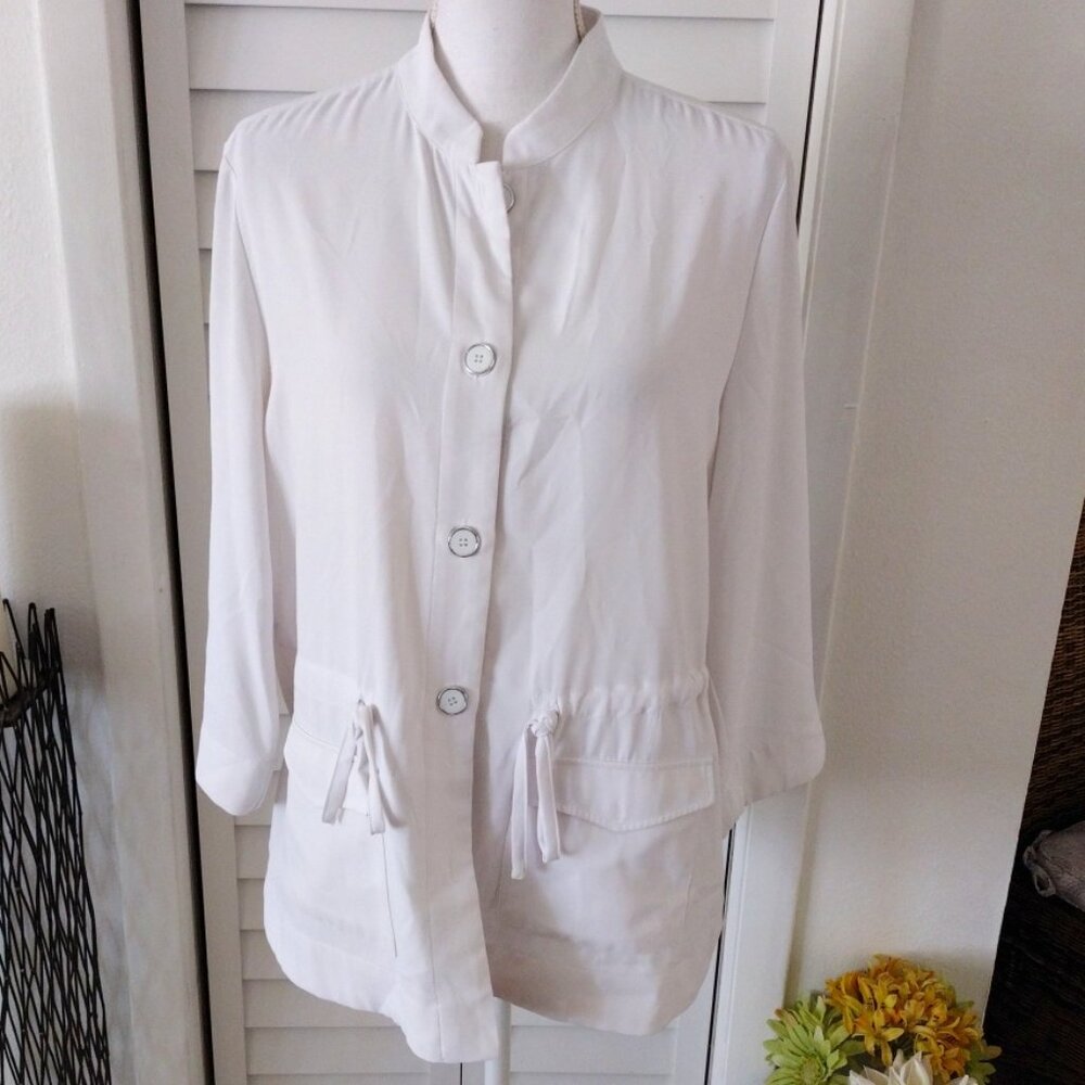 Chico's white utility jacket button front women's cinch belt‎ sz 2/M/12